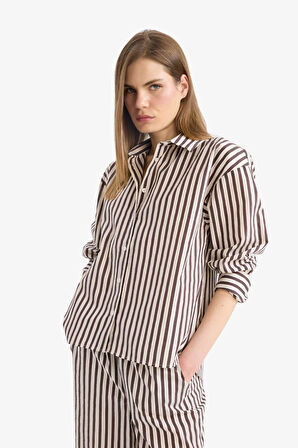 Loose Fit Çizgili Poplin Uzun Kollu Gömlek