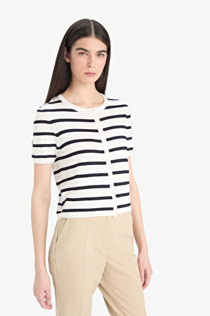 Regular Fit Bisiklet Yaka Çizgili Kısa Kollu Hırka