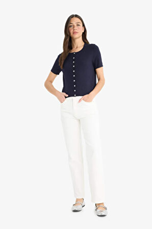 Regular Fit Bisiklet Yaka Düğmeli Kısa Kollu Hırka