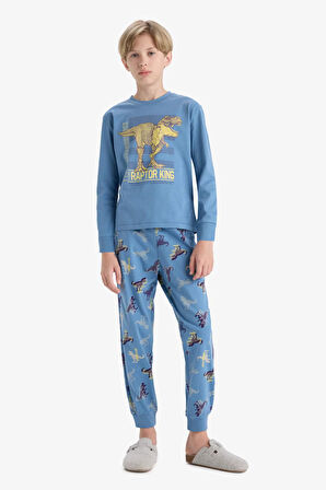 Erkek Çocuk Pijama Takımı Dinozor Baskılı Uzun Kollu Üst Uzun Alt