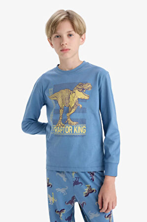 Erkek Çocuk Pijama Takımı Dinozor Baskılı Uzun Kollu Üst Uzun Alt
