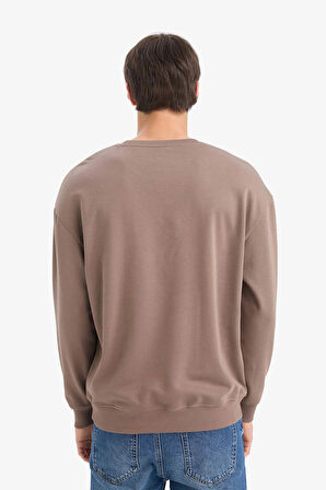 Defacto F0117 Kahve %100 Pamuk Boxy Fit Bisiklet Yaka Nakışlı Sweatshirt