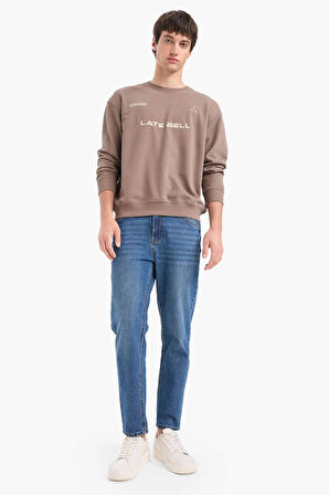 Defacto F0117 Kahve %100 Pamuk Boxy Fit Bisiklet Yaka Nakışlı Sweatshirt