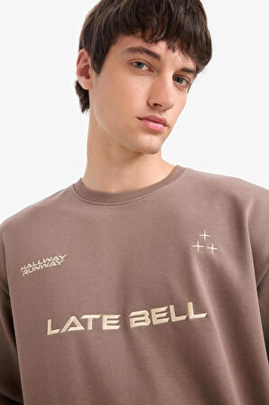 Defacto F0117 Kahve %100 Pamuk Boxy Fit Bisiklet Yaka Nakışlı Sweatshirt