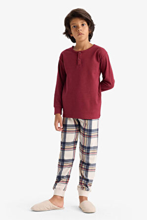 Erkek Çocuk Pijama Takımı Waffle Uzun Kollu Üst Kareli Uzun Alt