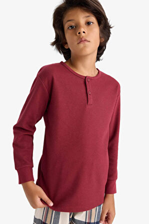 Erkek Çocuk Pijama Takımı Waffle Uzun Kollu Üst Kareli Uzun Alt