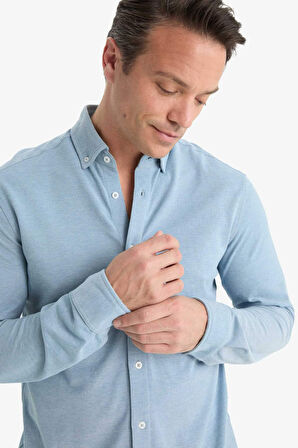 Regular Fit Polo Yaka Penye Uzun Kollu Gömlek