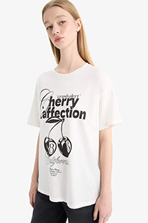 DeFacto Coool Oversize Geniş Kalıp Bisiklet Yaka Baskılı Kısa Kollu Tişört F2642AX25SMWT32