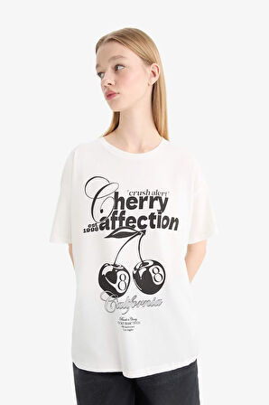 DeFacto Coool Oversize Geniş Kalıp Bisiklet Yaka Baskılı Kısa Kollu Tişört F2642AX25SMWT32