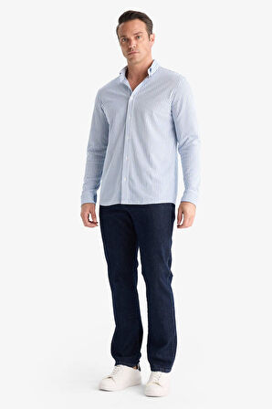 Regular Fit Polo Yaka Çizgili Penye Uzun Kollu Gömlek