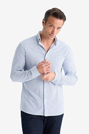 Regular Fit Polo Yaka Çizgili Penye Uzun Kollu Gömlek