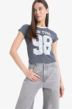 Coool Fitted Bisiklet Yaka Baskılı Ribana Kısa Kollu Tişört