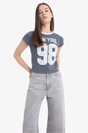 Coool Fitted Bisiklet Yaka Baskılı Ribana Kısa Kollu Tişört