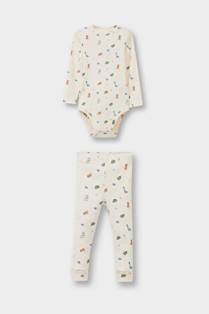 Erkek Bebek 2'li Takım Dinozor Baskılı Uzun Kollu Fitilli Kaşkorse Çıtçıtlı Body Alt