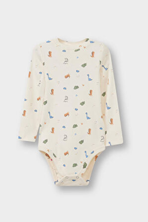 Erkek Bebek 2'li Takım Dinozor Baskılı Uzun Kollu Fitilli Kaşkorse Çıtçıtlı Body Alt