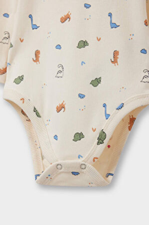 Erkek Bebek 2'li Takım Dinozor Baskılı Uzun Kollu Fitilli Kaşkorse Çıtçıtlı Body Alt