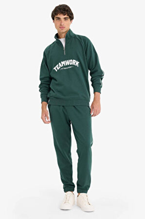 Defacto F0115 Yeşil Boxy Fit Dik Yaka Yarım Fermuarlı Baskılı Sweatshirt