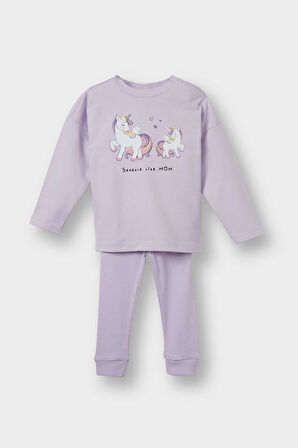 Kız Bebek 2'li Takım Unicorn Baskılı Uzun Kollu Tişört Alt