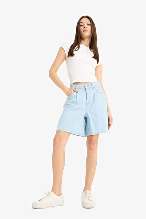 DeFacto Yüksek Bel Yumuşak Jean Bermuda Şort E0960AX25SMNM85