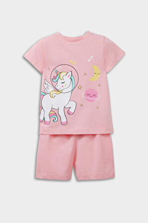 Kız Bebek Pijama Takımı Unicorn Baskılı Kısa Kollu Penye Üst Beli Lastikli Şort