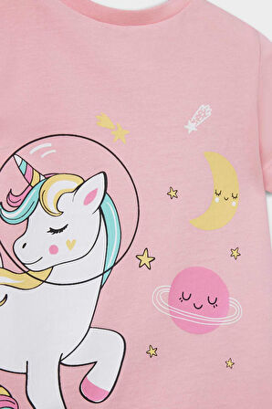Kız Bebek Pijama Takımı Unicorn Baskılı Kısa Kollu Penye Üst Beli Lastikli Şort