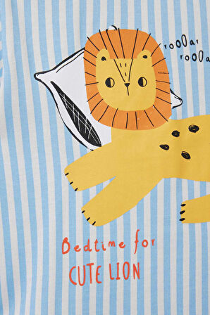 DeFacto Erkek Bebek Pijama Takımı Çizgili Aslan Baskılı Kısa Kollu Penye Üst Beli Lastikli Şort E1191A525HSBE316