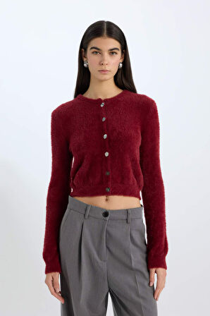 Regular Fit Bisiklet Yaka Düğmeli Triko Bordo Hırka