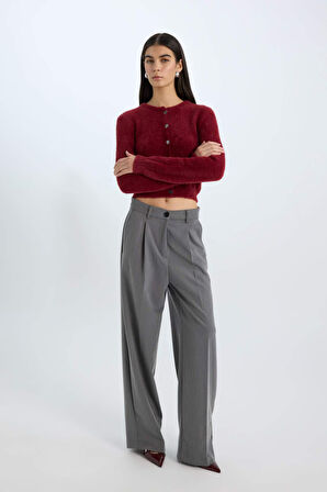 Regular Fit Bisiklet Yaka Düğmeli Triko Bordo Hırka