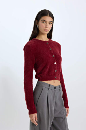 Regular Fit Bisiklet Yaka Düğmeli Triko Bordo Hırka