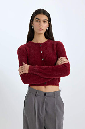 Regular Fit Bisiklet Yaka Düğmeli Triko Bordo Hırka