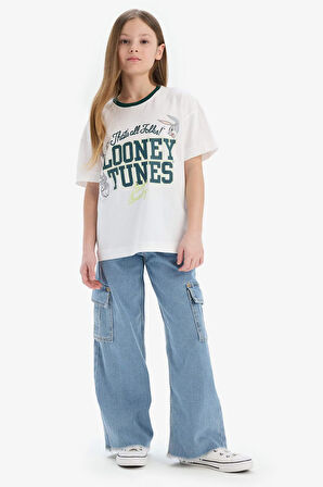 DeFacto Kız Çocuk Looney Tunes Oversize Geniş Kalıp Bisiklet Yaka Kısa Kollu Tişört E0866A825SMER85