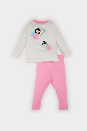 Kız Bebek Pijama Takımı Baskılı Uzun Kollu Penye Üst Beli Lastikli Uzun Alt