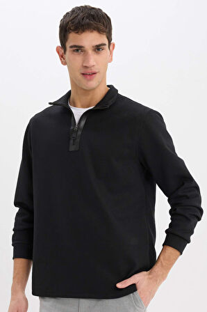 Regular Fit Dik Yaka Yarım Fermuarlı Basic Düz Sweatshirt