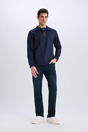Regular Fit Dik Yaka Yarım Fermuarlı Basic Düz Sweatshirt