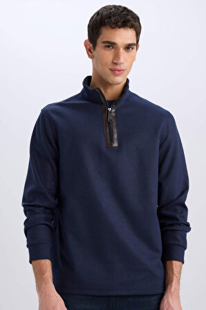 Regular Fit Dik Yaka Yarım Fermuarlı Basic Düz Sweatshirt