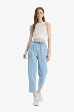 Pull On Paperbag Yüksek Bel Düz Paça Uzun Yumuşak Jean Pantolon