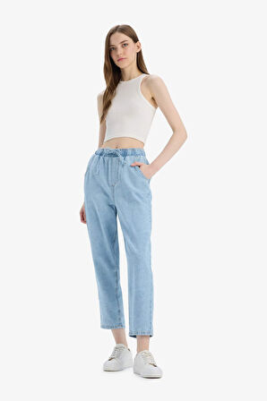 Pull On Paperbag Yüksek Bel Düz Paça Uzun Yumuşak Jean Pantolon