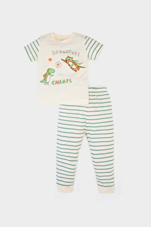Erkek Bebek Pijama Takımı Baskılı Kısa Kollu Penye Üst Çizgili Uzun Alt