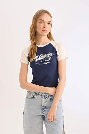 Coool Fitted Bisiklet Yaka Baskılı Fitilli Kaşkorse Kısa Kollu Tişört