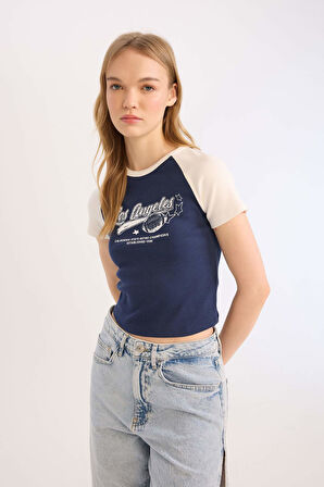 Coool Fitted Bisiklet Yaka Baskılı Fitilli Kaşkorse Kısa Kollu Tişört