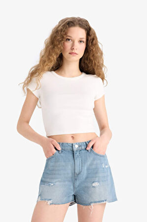 DeFacto Yüksek Bel Yırtık Detaylı Jean Şort E0499AX25SMNM55