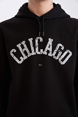 DeFacto Regular Fit Kapüşonlu Baskılı Sweatshirt E3208AX24WNBK81