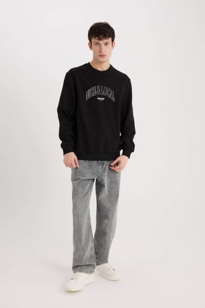 DeFacto Regular Fıt Bisiklet Yaka Baskılı Sweatshirt E3205AX24WNBK81