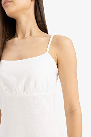 Kare Yaka Askılı Keten Karışımlı Midi Beyaz Elbise