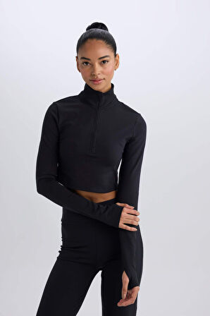 DeFactoFit Slim Fit Dar Kesim Fermuarlı Dik Yaka Sporcu Uzun Kollu Tişört W0343AZ25SPBK81