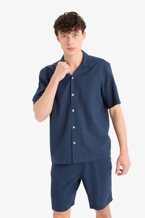 DeFacto Relax Fit Polo Yaka Keten Karışımlı Kısa Kollu Gömlek D9882AX25AUNV256