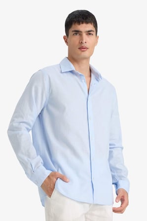 DeFacto Regular Fit Polo Yaka Keten Karışımlı Yazlık Uzun Kollu Gömlek E0518AX25SMBE656
