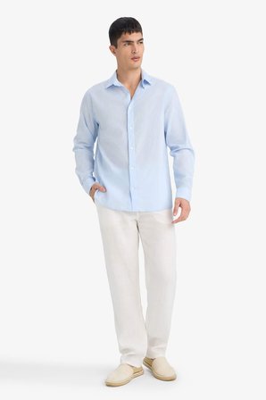 DeFacto Regular Fit Polo Yaka Keten Karışımlı Yazlık Uzun Kollu Gömlek E0518AX25SMBE656