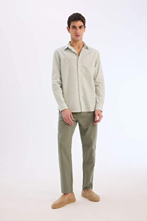 DeFacto Regular Fit Polo Yaka Keten Karışımlı Yazlık Uzun Kollu Gömlek E0518AX25SMGN1260