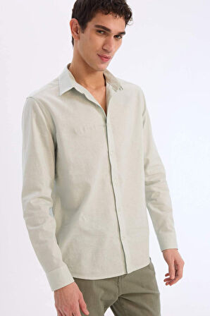 DeFacto Regular Fit Polo Yaka Keten Karışımlı Yazlık Uzun Kollu Gömlek E0518AX25SMGN1260